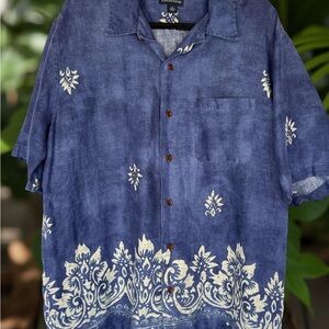 LANDS END Hawaiian Shirt Mens XL Blue Stone  Wash Cotton S/S Aloha Beach Luau